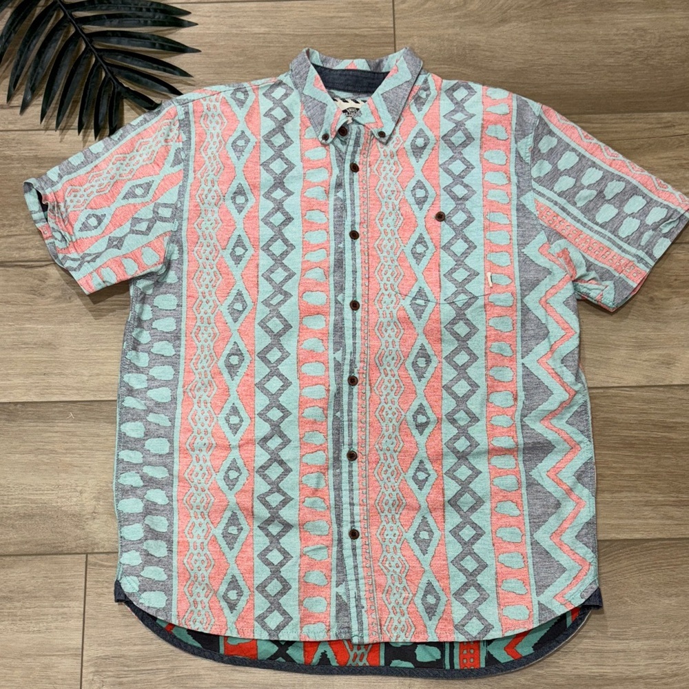 Vans AOP Orange Teal Aztec Design Button-Up Short Sleeve Shirt medium
